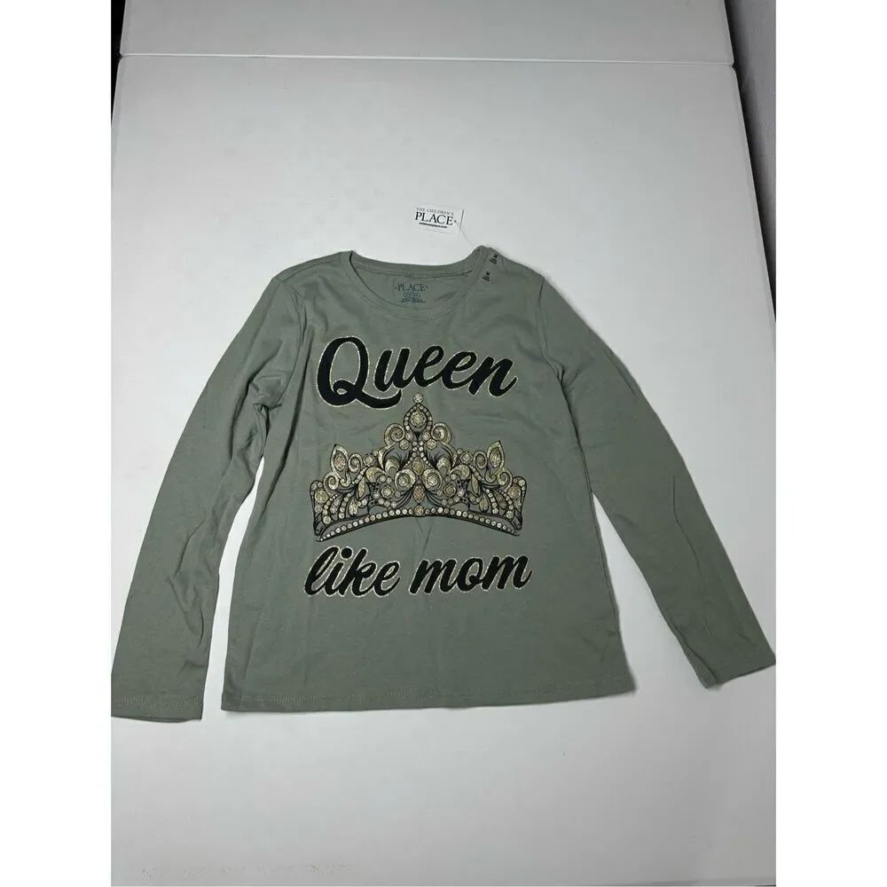 NWT The Children’s Place Girls Queen Mom Graphic Tee Green Glitter Sz M(7-8)